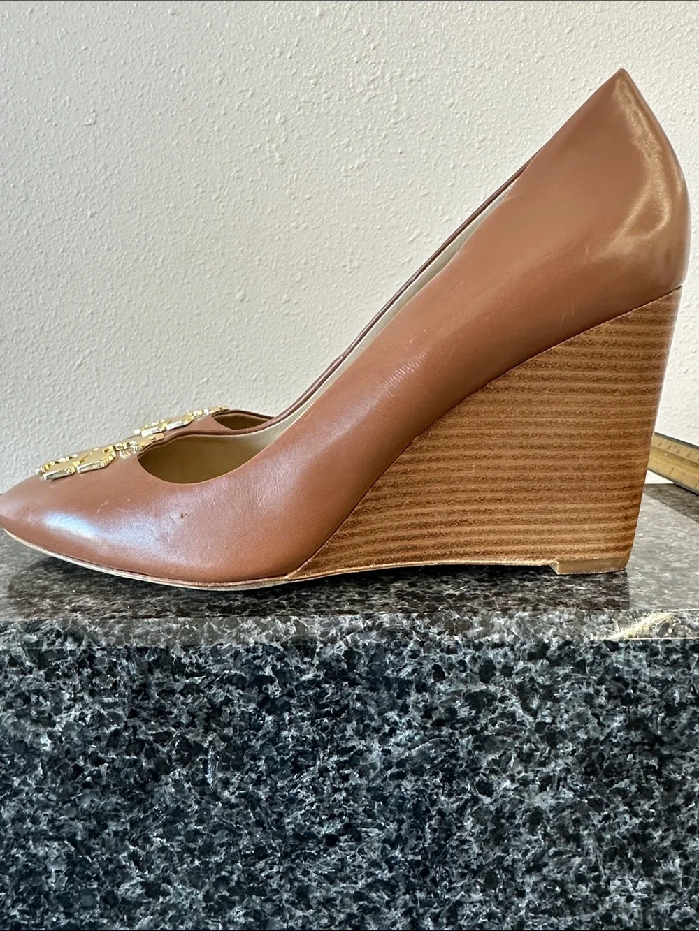 Tory Burch Brown Leather Wedges with Gold Logo